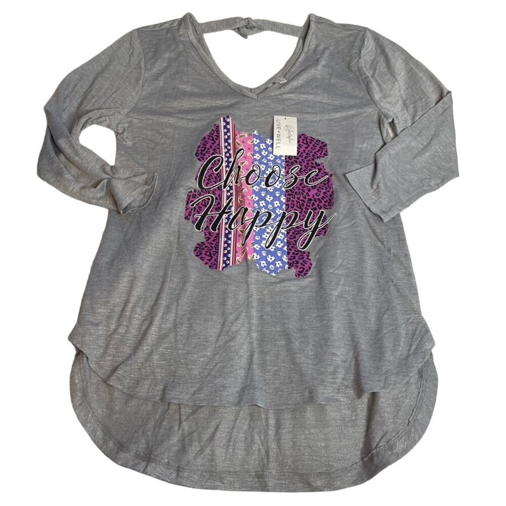LIVE WELL LIFESTYLE Grey NWT Graphic Top Choose‎ Happy Small 1/2 3/4 Sleeve